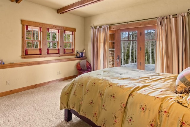 carpeted bedroom with baseboards, multiple windows, and access to exterior
