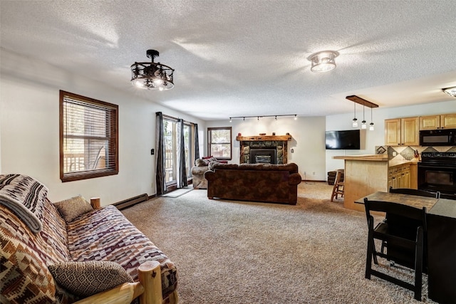 840 Four Oclock Rd Unit A1D, Breckenridge, CO 80424 - living room featuring light carpet, track lighting, a baseboard radiator, a stone fireplace, and a textured ceiling