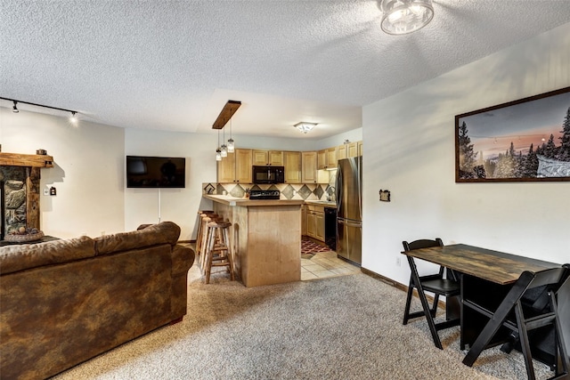 840 Four Oclock Rd Unit A1D, Breckenridge, CO 80424 - living area featuring a textured ceiling, light carpet, and rail lighting