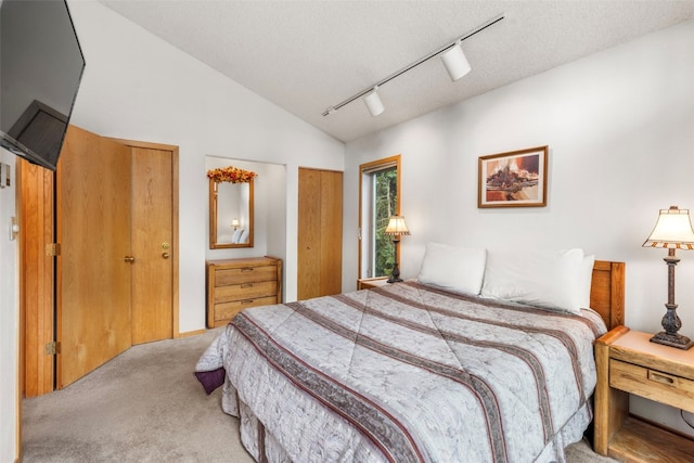 203 Creekside Dr Unit 201, Frisco, CO 80443 - bedroom with carpet flooring, two closets, track lighting, and lofted ceiling