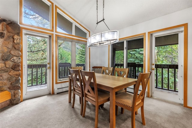 203 Creekside Dr Unit 201, Frisco, CO 80443 - carpeted dining area with a baseboard heating unit and a chandelier