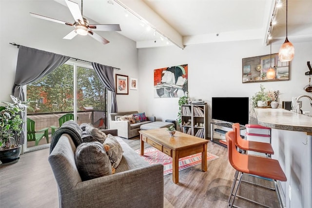 471 Enterprise St Unit C, Hayden, CO 81639 - living room with rail lighting, wood finished floors, beam ceiling, and a ceiling fan