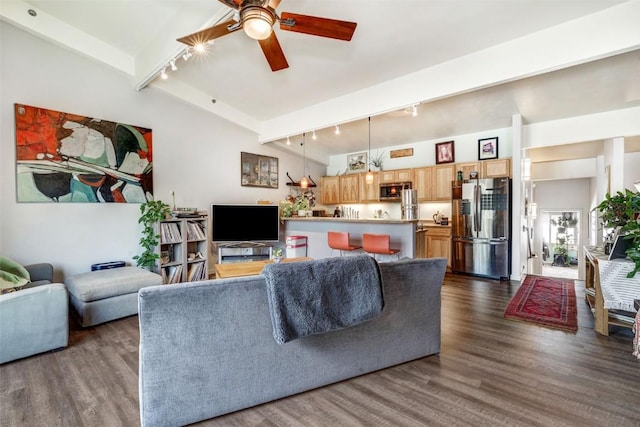 471 Enterprise St Unit C, Hayden, CO 81639 - living room featuring rail lighting, a ceiling fan, and dark wood-style flooring