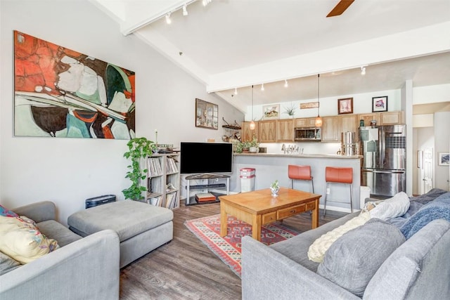 471 Enterprise St Unit C, Hayden, CO 81639 - living room featuring track lighting, wood finished floors, and a ceiling fan