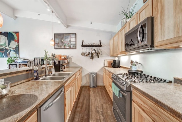 471 Enterprise St Unit C, Hayden, CO 81639 - kitchen featuring stainless steel appliances, light brown cabinetry, dark wood-type flooring, track lighting, and hanging light fixtures