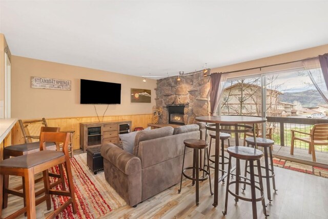 living room featuring a fireplace, wood finished floors, wainscoting, and wood walls