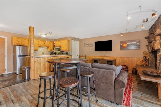 living area featuring wood finished floors, rail lighting, and a fireplace with raised hearth