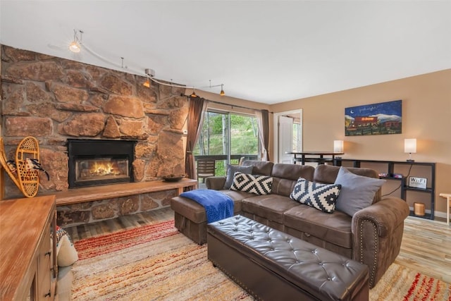 living room with wood finished floors and a stone fireplace