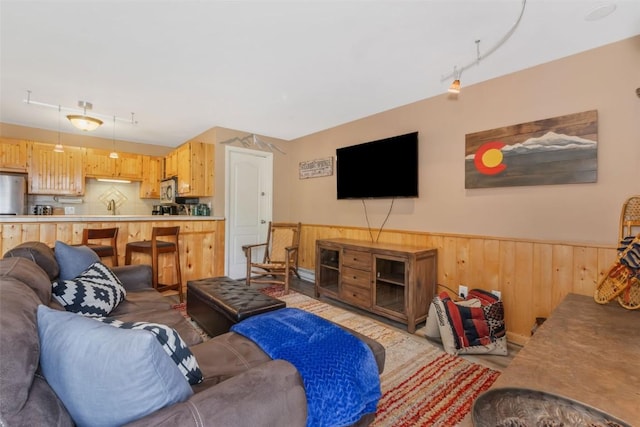 living area featuring a wainscoted wall and wood walls