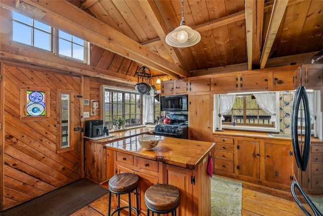 27845 County Road 41a, Steamboat Springs, CO 80487 - kitchen featuring black appliances, wood counters, wooden ceiling, light wood-style flooring, and plenty of natural light