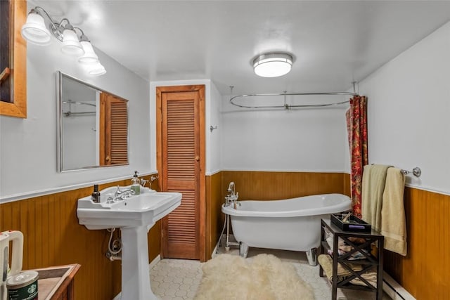 27845 County Road 41a, Steamboat Springs, CO 80487 - full bathroom featuring a wainscoted wall, a freestanding tub, and wood walls