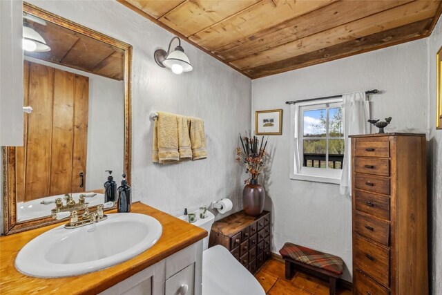 27845 County Road 41a, Steamboat Springs, CO 80487 - half bath featuring wood ceiling, vanity, toilet, and wood finished floors