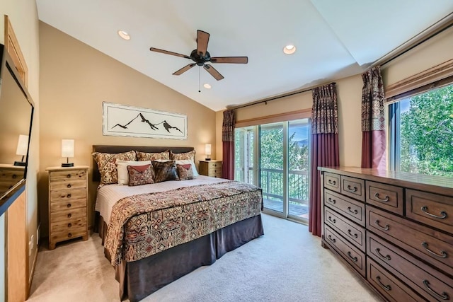 bedroom featuring lofted ceiling, multiple windows, light colored carpet, and access to exterior