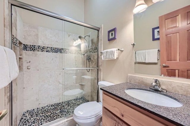 full bathroom featuring a shower stall, vanity, and toilet
