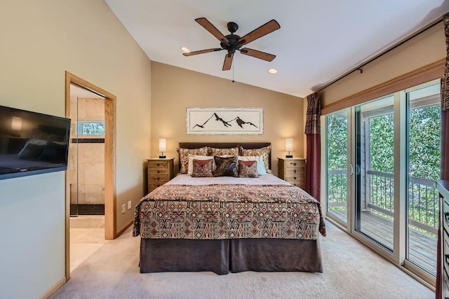 carpeted bedroom with lofted ceiling, access to outside, connected bathroom, and a ceiling fan