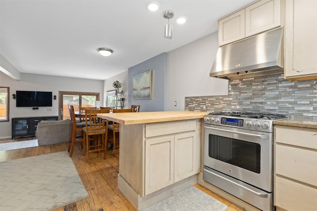 329 N Chipmunk Cir, Silverthorne, CO 80498 - kitchen with stainless steel gas stove, under cabinet range hood, a peninsula, light wood-style floors, and open floor plan