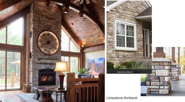 living room featuring wooden ceiling, beamed ceiling, high vaulted ceiling, an outdoor stone fireplace, and wood-type flooring