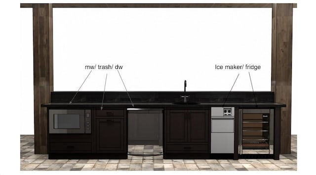 bar featuring built in microwave, sink, and fridge