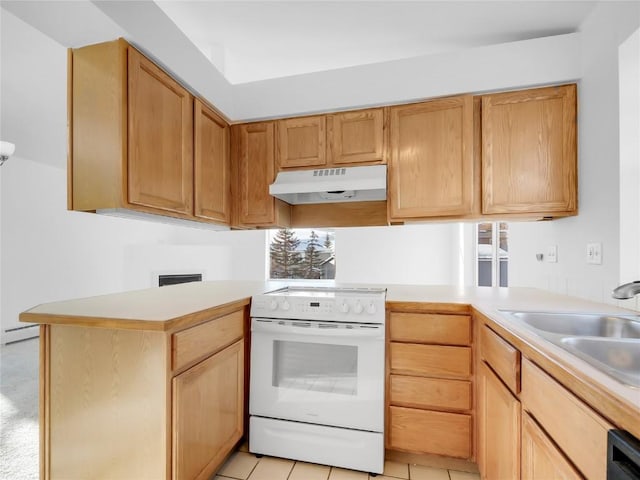 662 Alpine Rd, Dillon, CO 80435 - kitchen with under cabinet range hood, white electric range oven, a baseboard radiator, light countertops, and a sink