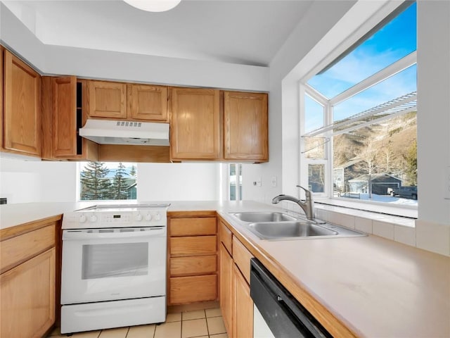 662 Alpine Rd, Dillon, CO 80435 - kitchen featuring under cabinet range hood, white appliances, a sink, light countertops, and plenty of natural light
