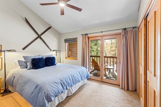 bedroom featuring lofted ceiling, light carpet, ceiling fan, and access to outside