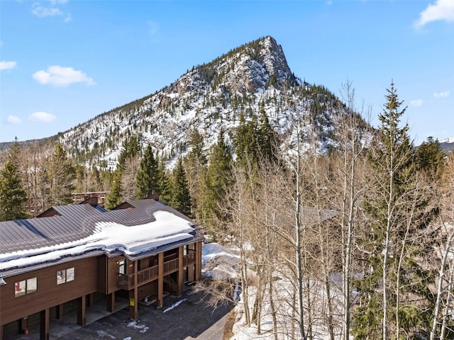 view of mountain feature featuring a forest view