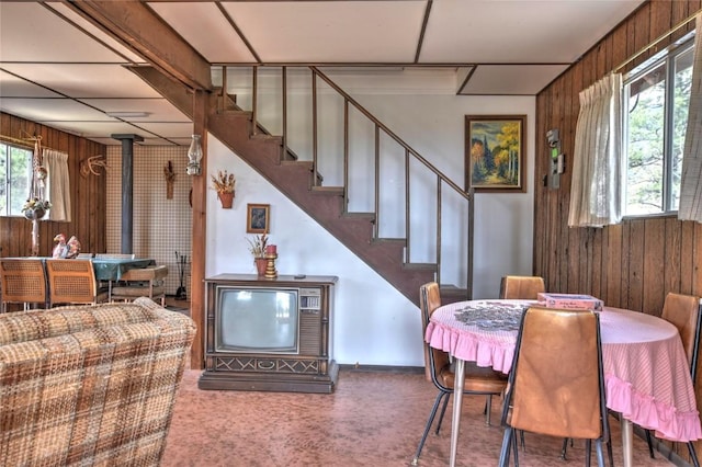 490 Teller St, Lake George, CO 80827 - dining space featuring wooden walls, stairs, and carpet floors