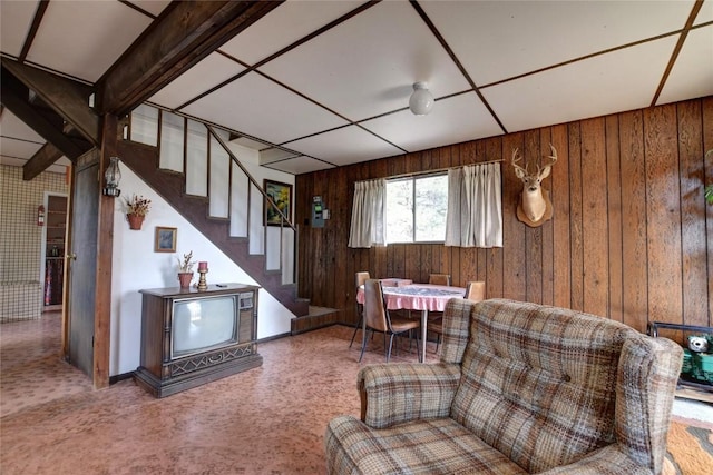 490 Teller St, Lake George, CO 80827 - living area featuring wooden walls, stairs, and carpet