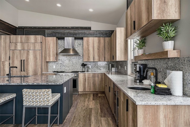kitchen featuring high end stove, vaulted ceiling, a sink, dark wood-style floors, and wall chimney exhaust hood