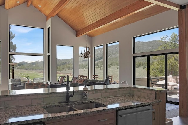 203 Gentian Rd, Keystone, CO 80435 - kitchen with stainless steel dishwasher, a mountain view, a sink, stone counters, and wood ceiling