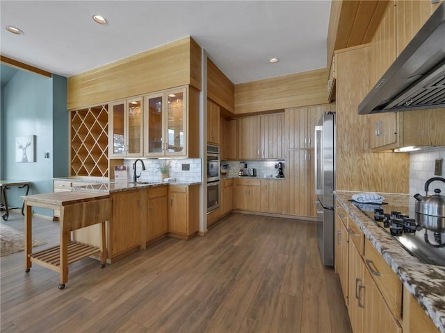 203 Gentian Rd, Keystone, CO 80435 - kitchen featuring under cabinet range hood, stainless steel appliances, tasteful backsplash, a sink, and dark wood finished floors