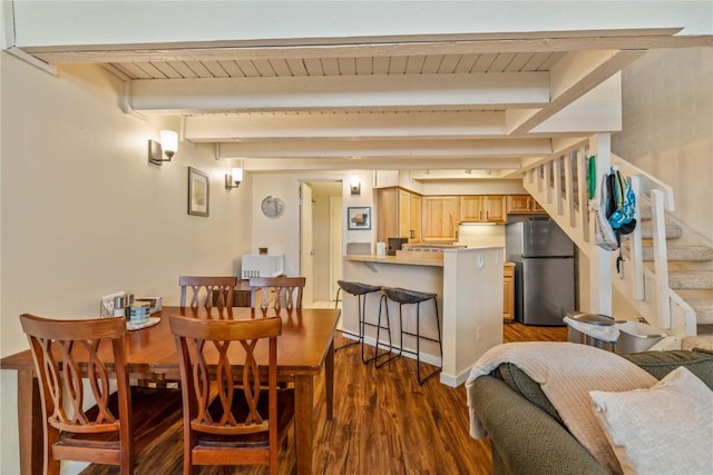 dining space featuring wooden ceiling, dark wood-style flooring, stairs, and beam ceiling