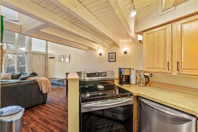 kitchen featuring light brown cabinetry, light countertops, dark wood finished floors, appliances with stainless steel finishes, and beam ceiling