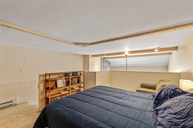carpeted bedroom featuring a baseboard heating unit