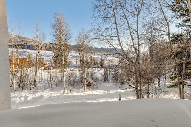 yard covered in snow featuring a mountain view