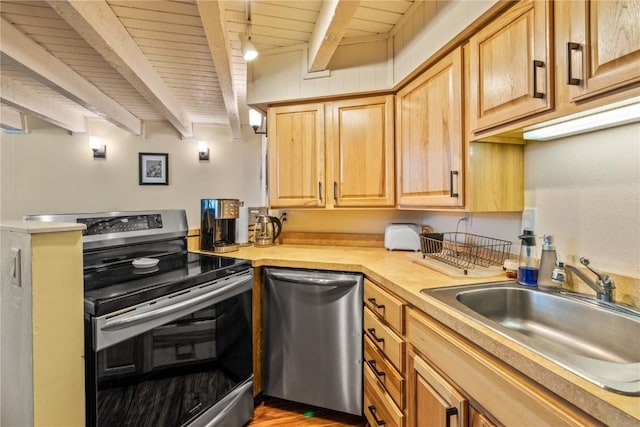 kitchen featuring stainless steel appliances, light countertops, wooden ceiling, a sink, and beamed ceiling