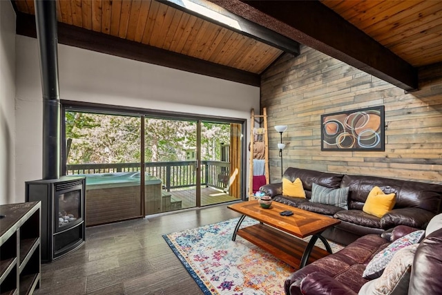 2583 Apres Ski Way Unit 4, Steamboat Springs, CO 80487 - living room featuring wood walls, a wood stove, wooden ceiling, and wood finished floors