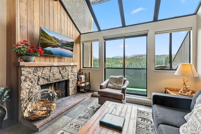 631 Village Rd Unit 34330, Breckenridge, CO 80424 - living area with a stone fireplace and wood walls