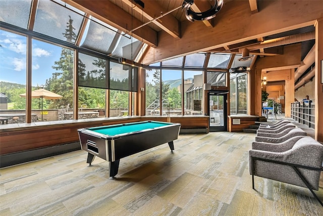 631 Village Rd Unit 34330, Breckenridge, CO 80424 - playroom with billiards, healthy amount of natural light, a towering ceiling, and a wooden ceiling with exposed beams