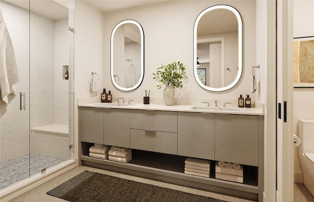 1550 Amble Dr Unit 308, Steamboat Springs, CO 80487 - full bathroom with double vanity, a shower stall, and toilet