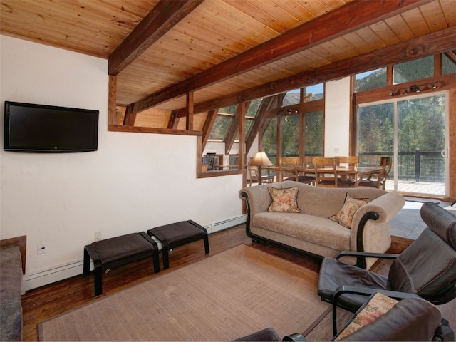 12715 E State Highway 82, Twin Lakes, CO 81251 - living room with wood ceiling with exposed beams, wood finished floors, a baseboard heating unit, baseboards, and a baseboard radiator
