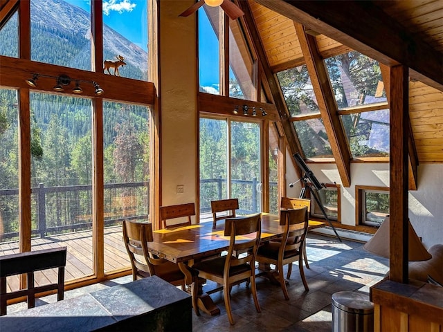12715 E State Highway 82, Twin Lakes, CO 81251 - dining area featuring wooden ceiling with exposed beams, baseboard heating, high vaulted ceiling, and stone finish floors