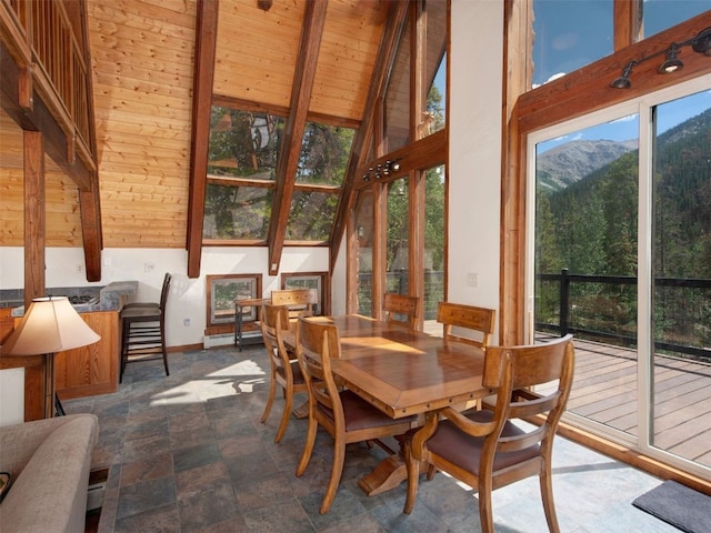 12715 E State Highway 82, Twin Lakes, CO 81251 - dining room with high vaulted ceiling, wood ceiling with exposed beams, a mountain view, baseboards, and a baseboard radiator