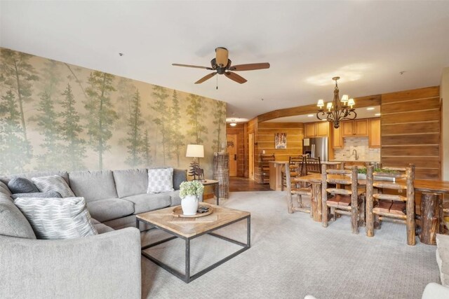 224 Trailhead Dr Unit 3075, Keystone, CO 80435 - carpeted living area with a ceiling fan and wallpapered walls
