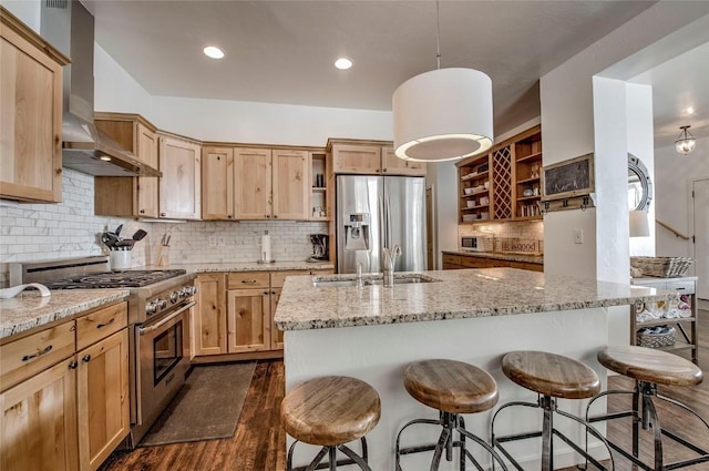 532 Kimmes Ln, Breckenridge, CO 80424 - kitchen featuring open shelves, appliances with stainless steel finishes, wall chimney exhaust hood, a sink, and a kitchen breakfast bar