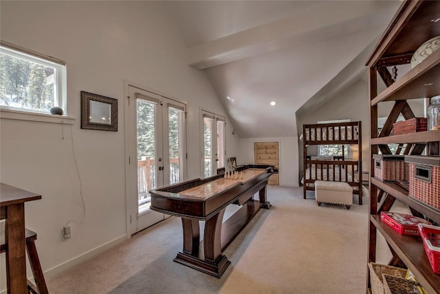 532 Kimmes Ln, Breckenridge, CO 80424 - recreation room featuring lofted ceiling, light colored carpet, french doors, baseboards, and recessed lighting