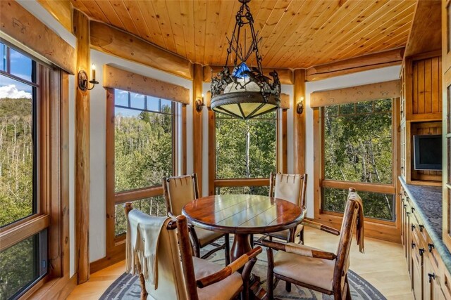 27800 Wapiti Way, Steamboat Springs, CO 80487 - dining space featuring light wood-style floors, wood ceiling, and healthy amount of natural light