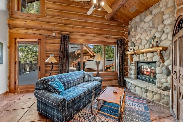27800 Wapiti Way, Steamboat Springs, CO 80487 - living area featuring wood ceiling, rustic walls, a ceiling fan, a fireplace, and light tile patterned flooring