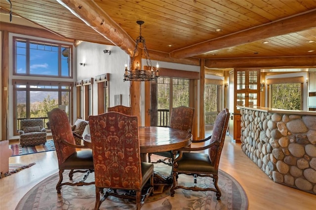 27800 Wapiti Way, Steamboat Springs, CO 80487 - dining space with light wood-type flooring, healthy amount of natural light, a chandelier, and wood ceiling with exposed beams