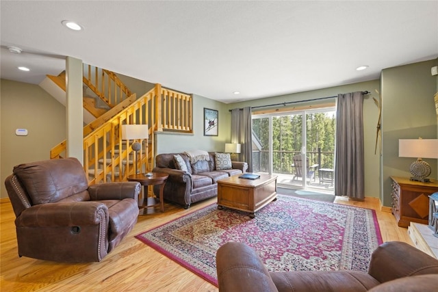 100 River Park Dr Unit 100A, Breckenridge, CO 80424 - living room with wood finished floors, stairway, and recessed lighting